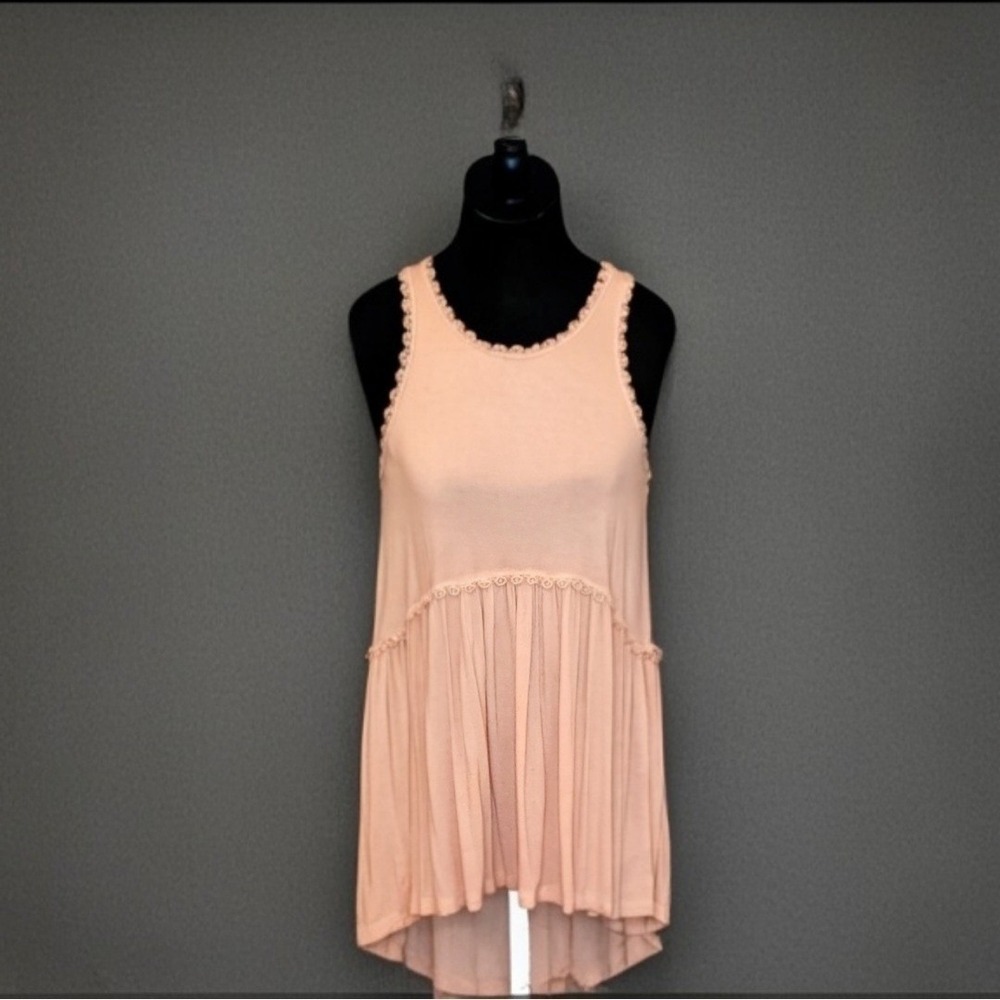 NWT POL Tank Top Tunic Peach Crochet Lace Trim Boho Babydoll Sun Dress Shirt S
